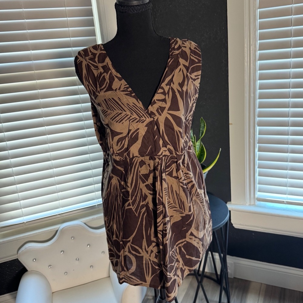 a.n.a A New Approach Brown Tropical Leaf Print V-Neck Empire Waist Tunic Large